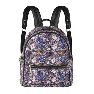 May include: A lilac backpack featuring a repeating pattern of dragons, books, swords, and flowers. It has black straps and a black top handle. The zips and hardware are gold-coloured.