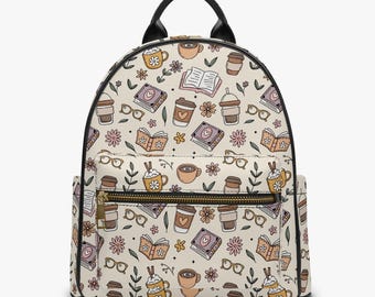 Books and coffee beige bookish backpack vegan leather bookwork reader bag