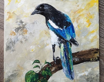 Original Art, Bird Painting, Magpie Portrait, Oil on Canvas Panel, Wildlife Painting, Bird Wall Art, Signed