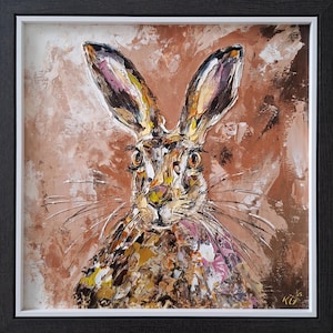 Portrait de lièvre, peinture originale de lièvre, peinture à l&#39;huile de faune, art mural de lapin, décoration d&#39;intérieur encadrée, cadeau unique de faune, cadeau d&#39;amoureux des animaux