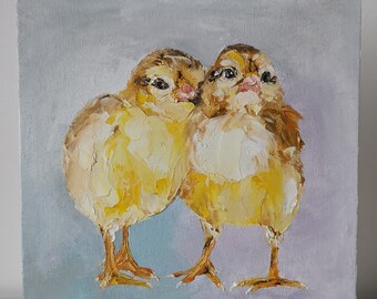 Original Art, Baby Chickens Painting, Chicks Painting, Oil on Canvas Panel, Farm Animal Painting, Bird Wall Art, Signed