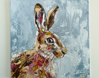 Original Art, Hare Painting, Oil on Canvas Panel, Wildlife Painting, Forest Animal Wall Art, Signed