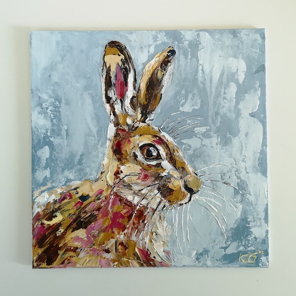 Original Art, Hare Painting, Oil on Canvas Panel, Wildlife Painting, Forest Animal Wall Art, Signed