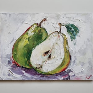 Original Art, Still Life Artwork, Pears, Fruit, Kitchen Art, Oil on Board, Signed, Mini Artwork, Handmade Gift, 5x7 inches
