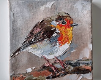 Original Robin Painting, Oil on Stretched Canvas, Bird Painting, Small Painting, 6x6 inches, Handmade Gift