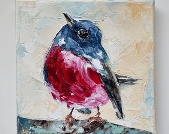 Original Art, Bird Painting, Pink Robin Portrait, Oil on Stretched Canvas, Wildlife Painting, Bird Wall Art, Signed