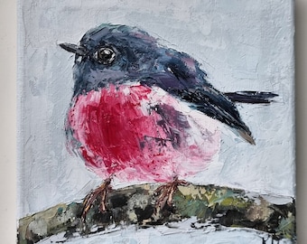 Original Art, Bird Painting, Pink Robin Portrait, Oil on Stretched Canvas, Wildlife Painting, Bird Wall Art, Signed