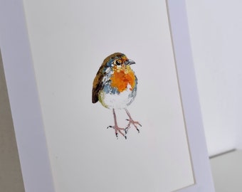 Peinture originale rouge-gorge, art miniature, portrait d'oiseau, oiseaux de jardin, peinture animalière, art, cadeau fait main, monté, 5 x 7 pouces