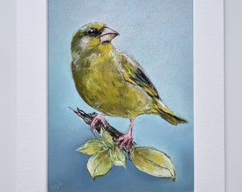 Grünfink Malerei, Original Vogel Porträt, Wildtier Pastell Malerei, Tier Zeichnung, Vogel Illustration, handgemachtes Geschenk für Vogelliebhaber