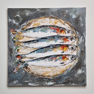 Original Fish Painting, Sardines, 8x8 inches, Still Life Painting, Handmade Gift