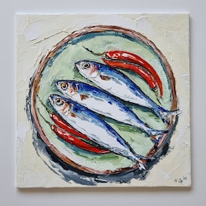 Original Fish Painting, Sardines on Plate, 20x20cm, Still Life Painting, Handmade Gift