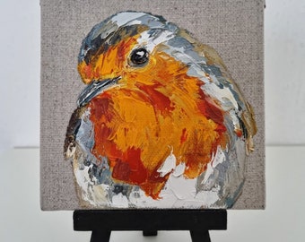 Original Mini Painting of Robin, Oil on Canvas, Bird Art, Small Painting, 10x10cm, Handmade Gift