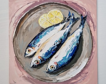Original Fish Painting, Sardines with Lemons, 8x8 inch, Still Life Painting, Kitchen Art, Home Decor, Handmade Gift