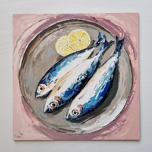 Original Fish Painting, Sardines with Lemons, 8x8 inch, Still Life Painting, Kitchen Art, Home Decor, Handmade Gift