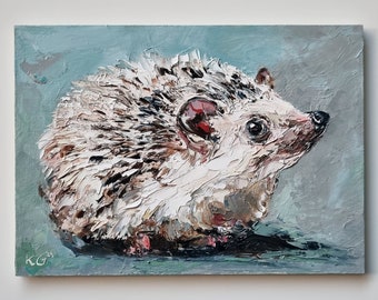 Original Hedgehog Painting, Oil on Wooden Panel, Animal Painting, Small Painting, 5x7 inches, Handmade Gift