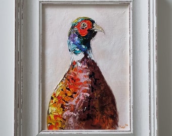 Pheasant Portrait, Wildlife Oil Painting, Bird Wall Art, Home Decor, Unique Wildlife Gift, Framed