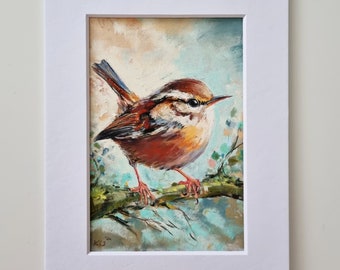 Pittura dello scricciolo, ritratto originale dell'uccello, pittura a pastello della fauna selvatica, disegno di animali, illustrazione di uccelli, regalo fatto a mano per gli amanti degli uccelli