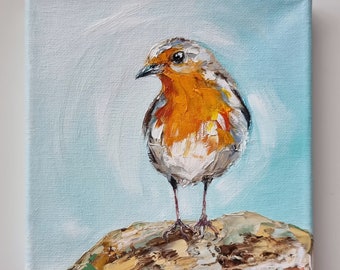 Original Art, Bird Painting, Robin Portrait, Oil on Stretched Canvas, Wildlife Painting, Bird Wall Art, Signed