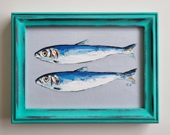 Fish Painting, Still Life Art in Oil, Framed Sardines, Handmade Gift, Present Idea for Kitchen, Small Artwork, Kitchen Deco