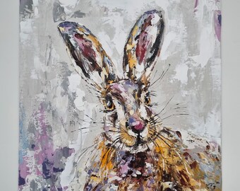 Original Art, Hare Painting, Oil on Canvas Panel, Wildlife Painting, Forest Animal Wall Art, Signed