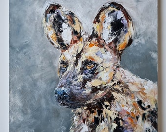 Original Wild Dog Oil Painting on Wood Panel, 20x20cm