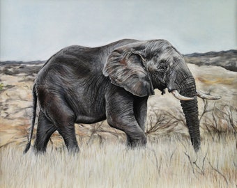 Original Art, Elephant Painting, Pastel Drawing, Animal Wall Art, Home Decor, Signed, Framed, Ready to Hang