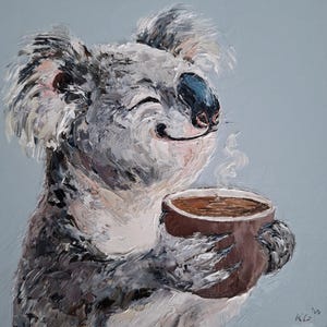 Oil Painting of Koala Enjoying a Cup of Coffee, Wildlife Original Painting, Home Decor, Unique Art, Animal Lover Gift, Impressionism Art