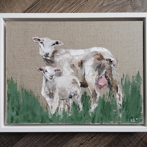 Original Art, Sheep Painting, Baby Lamb Painting, Oil on Linen Board, Farm Animal Wall Art, Signed, Framed