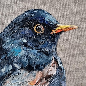 Original Mini Painting of Blackbird, Oil on Canvas, Bird Art, Small Painting, 10x10cm, Handmade Gift