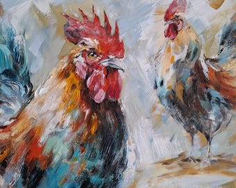 Haan schilderij, portret schilderij hanen, origineel olieverfschilderij, kunst aan de muur, uniek wildlife cadeau, cadeau boerderij dieren minnaar, 10 x 10 inch