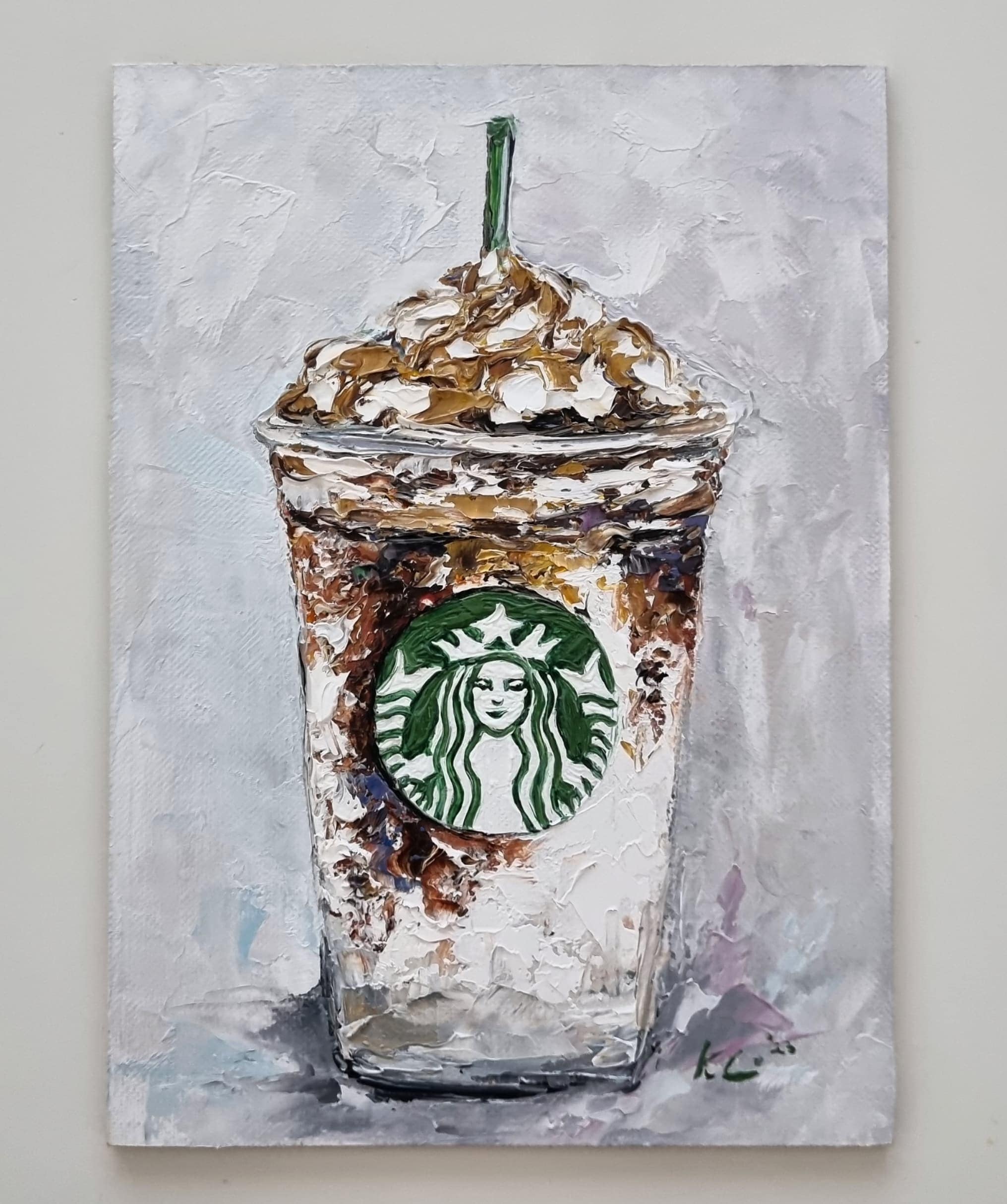 Starbucks Iced Coffe, Oil Painting, Oil on Linen Board, Signed