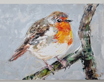 Oryginalny obraz Robina, olej na panelu gesso, obraz ptaka, mały obraz, 10 x 15 cm, ręcznie robiony prezent
