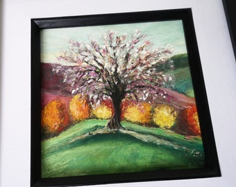 Original Pastel Art, Mini Landscape Painting, Tree Pastel Drawing, Impressionist Wall Art, Signed, Framed, Ready to Hang