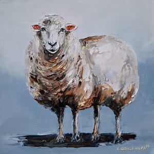 Peinture originale de moutons, portrait d&#39;animaux, animaux de la ferme, petite peinture sur panneau de gesso de 6 x 6 po., art de la campagne, cadeau fait main