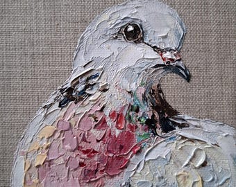 Original Mini Painting of Pigeon, Oil on Canvas, Bird Art, Small Painting, 10x10cm, Handmade Gift