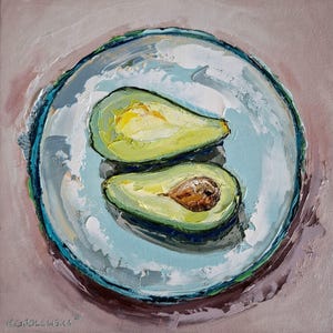 Original Avocado on Plate Painting, Still Life Artwork, Fruit Panting, Kitchen Art, Oil on Stretched Canvas, Wall Art, 20x20cm