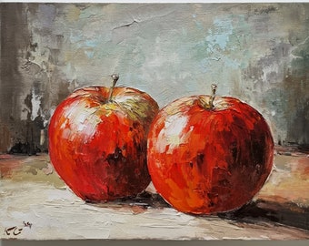 May include: Two red apples with a textured surface, painted in a realistic style on a canvas.