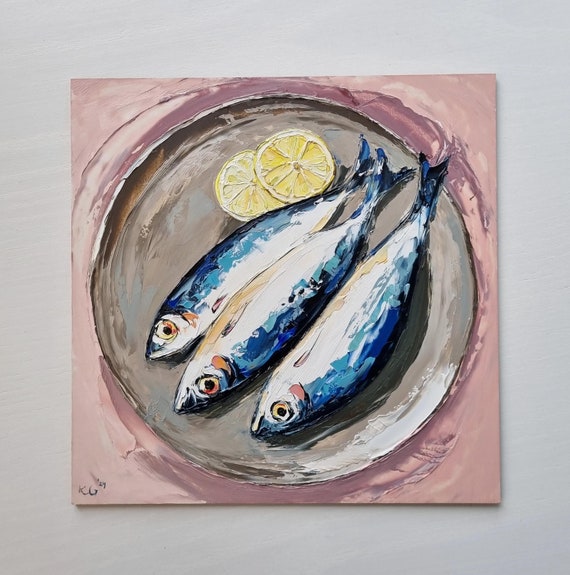 オリジナルの魚の絵画、レモンとイワシ、8 x 8 インチ、静物画 