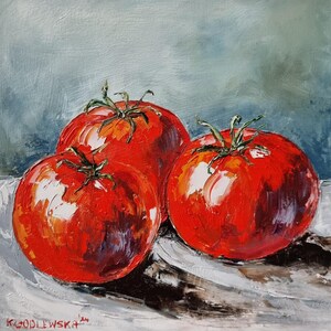 May include: Three red ripe tomatoes with green stems on a white surface. The tomatoes are painted in a realistic style with visible brushstrokes.