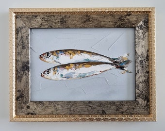 Original Art, Still Life Artwork, Fish, 2 Sardines, Food, Seafood, Kitchen Art, Oil on Paper, Wall Art, Signed, Framed, Ready to Hang