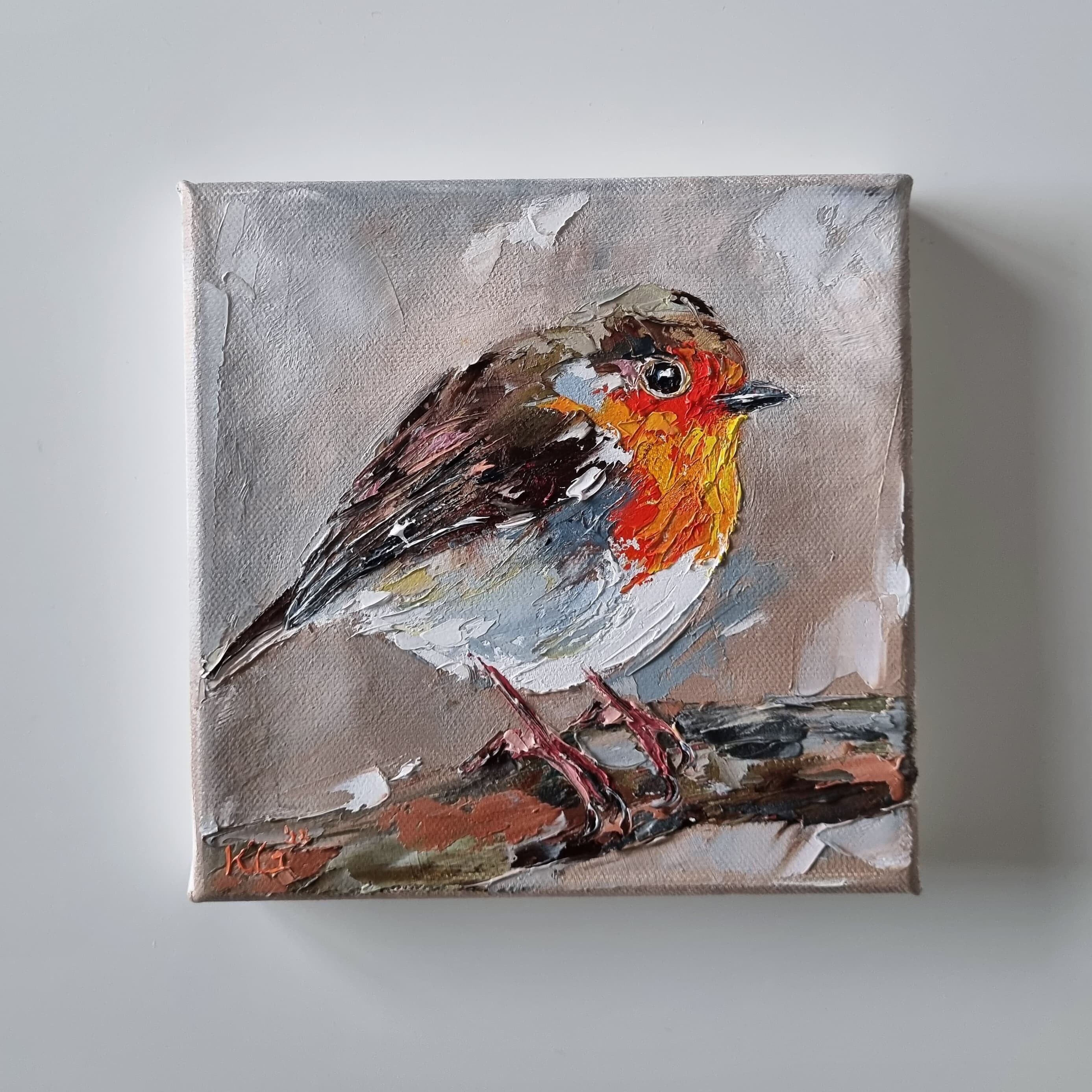Original Robin Painting, Oil on Stretched Canvas, Bird Painting, Small Painting, 6x6 inches, Handmade Gift