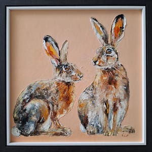 Portrait de lièvre, peinture originale de lièvre, peinture à l&#39;huile de faune, art mural de lapin, décoration d&#39;intérieur encadrée, cadeau unique de faune, cadeau d&#39;amoureux des animaux