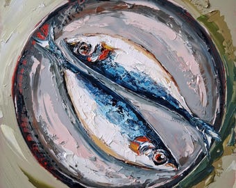 Original Fish Painting, Sardines with Lemons, 8x8 inch, Still Life Painting, Kitchen Art, Home Decor, Handmade Gift