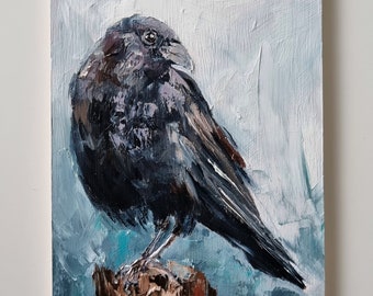 Peinture originale de corbeau, huile sur panneau en bois, peinture d’oiseau, petite peinture, 5x7 pouces, cadeau fait main