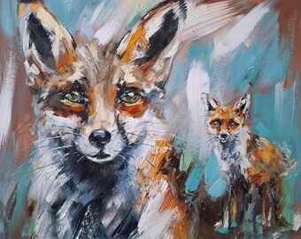 Fox Painting, Foxes Portrait Painting, Original Oil Painting, Fox Wall Art, Unique Wildlife Gift, Animal Lover Gift, 10x10 inch