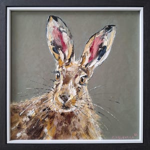 Portrait de lièvre, peinture originale de lièvre, peinture à l&#39;huile de faune, art mural de lapin, décoration d&#39;intérieur encadrée, cadeau unique de faune, cadeau d&#39;amoureux des animaux