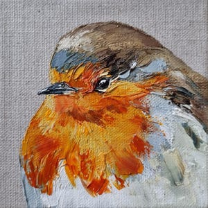 Original Mini Painting of Robin, Oil on Canvas, Bird Art, Small Painting, 10x10cm, Handmade Gift
