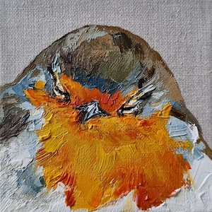 Original Mini Painting of Robin, Oil on Canvas, Bird Art, Small Painting, 10x10cm, Handmade Gift
