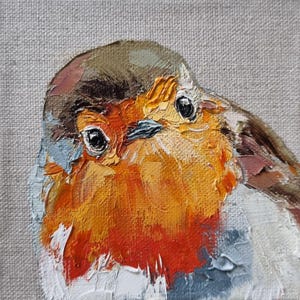 Original Mini Painting of Robin, Oil on Canvas, Bird Art, Small Painting, 10x10cm, Handmade Gift
