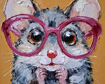 Peinture à l'huile originale de souris en bois portant des lunettes, oeuvre d'art unique